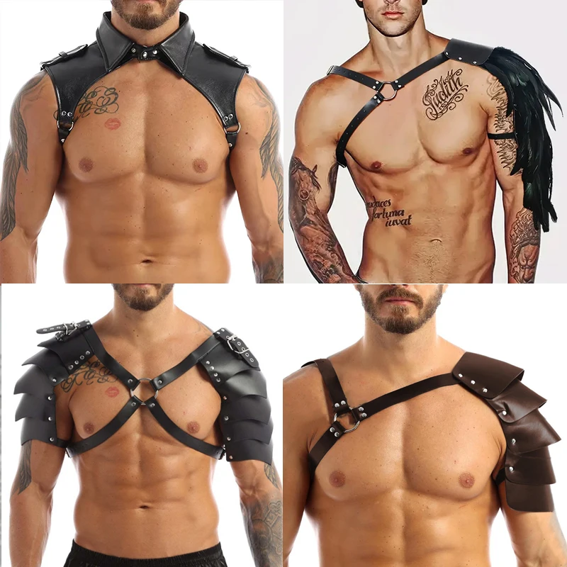 

Leather Metal Harness Strap Fetish Clothing Fashion Men Adjustable Body Chest Harness Lapel Bondage Costumes with Press Buttons