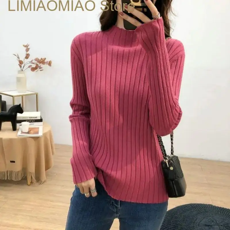 

New Soft waxy core-spun yarn half turtleneck sweater women's autumn winter Korean retro slim stretch warm base sweater