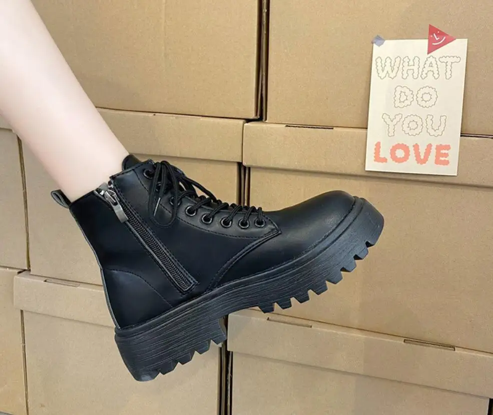 Sexy Women Boots New In Motorcycle Ankle Boots Wedges Female Lace Up Platforms Winter Black Leather Oxford Shoes Women Boots