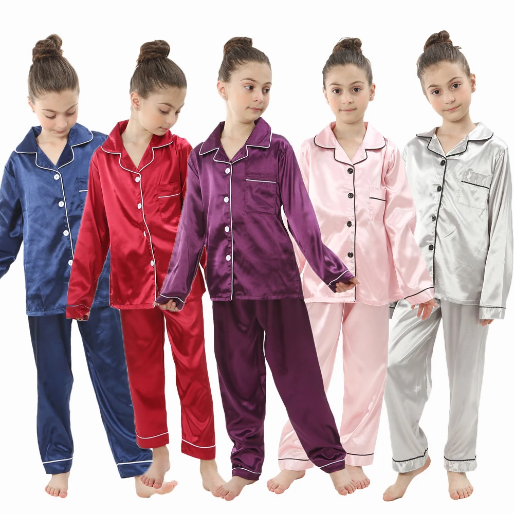 Kids Pajamas 2pcs Baby Boys Girls Silk Satin Top Pant Long sleeve Solid Button-Down Pyjamas Set