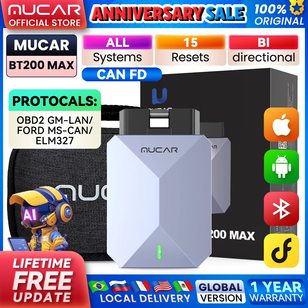 MUCAR BT200 MAX CAN FD Obd2 الماسح الضوئي 15 إعادة تعيين أدوات تشخيص السيارات AI جميع النظام المسح التلقائي ثنائي الاتجاه التحكم ت...