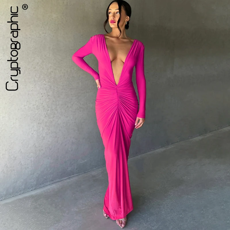 

Cryptographic Fashion Ruched Draped Deep V Maxi Dress Elegant Knit Long Sleeve Club Party Dresses Gown Birthday Fashion Outfits