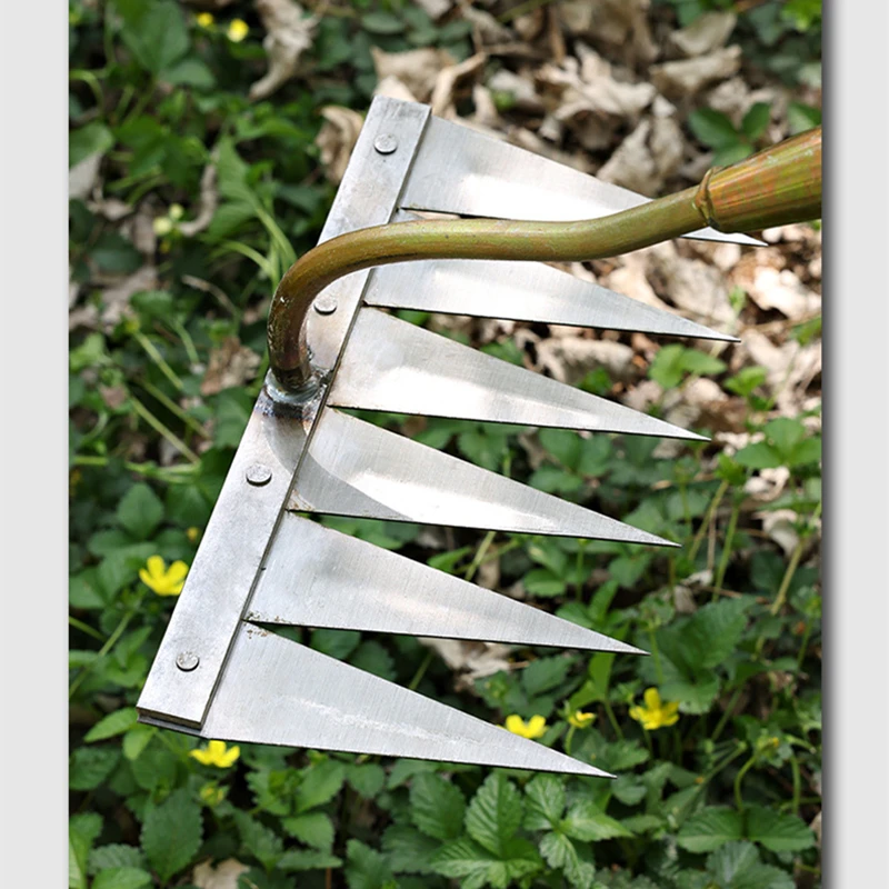 4/5/6/7 Teeth Iron Gardening Hoe Weeding Rake Farm Tool Grasping Raking Loosening Soil Nail Rake Tool Artifact Harrow Farm Tools 3