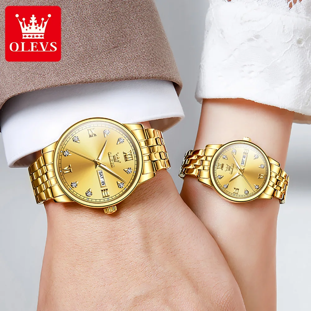 OLEVS New In Couple Watch Gold Diamond Dial Luxury Lover's Wristwatch for Men Women Quartz Watch His or Hers Watch 2pcs Set Gift