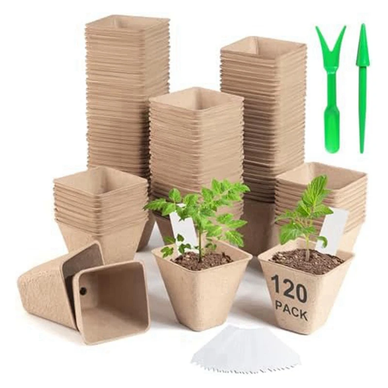120 Pack Square Peat Pots For Seedlings, Seed Starting Pots With Drainage Holes,Biodegradable Herb Seed Pots Kits 2