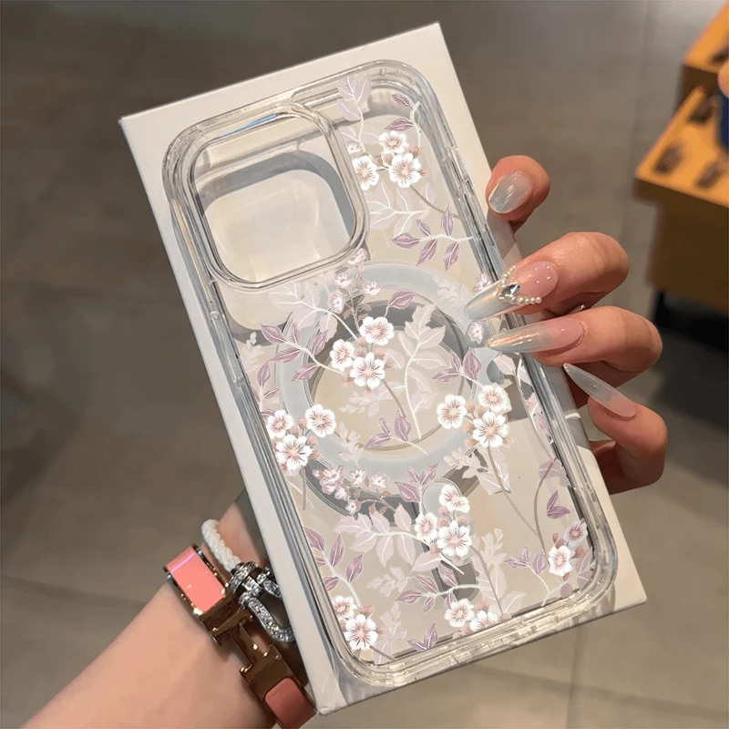 Elegant Purple White Floral Magnetic Clear Phone Case - Shockproof Hard Cover