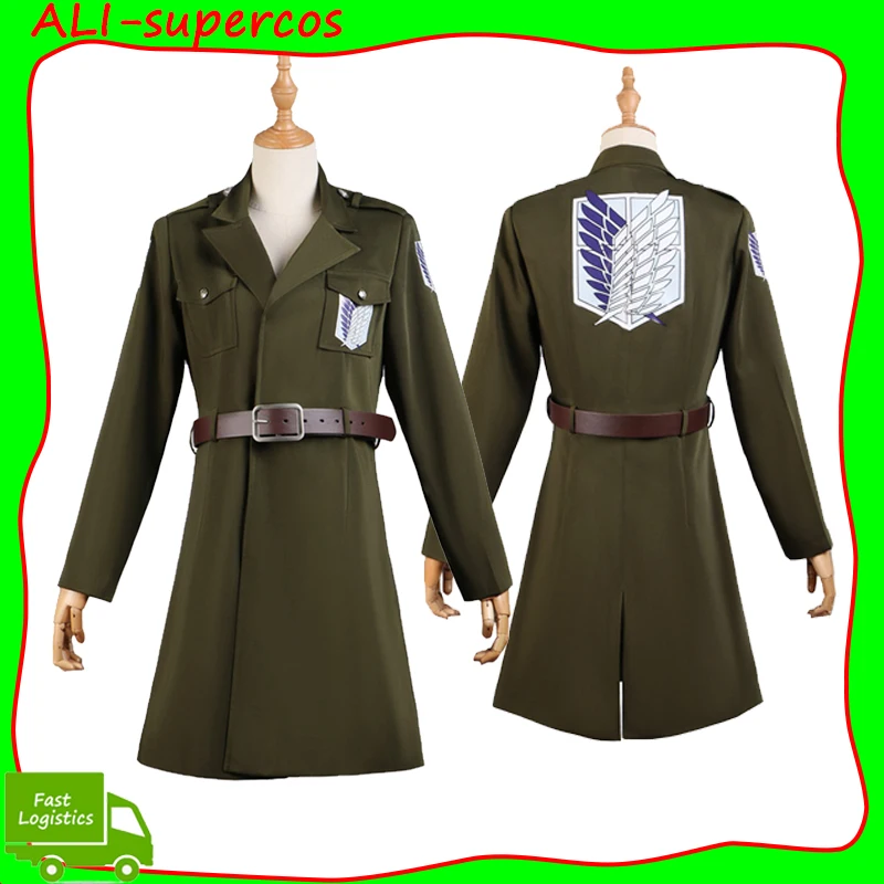 

Levi Ackerman Cosplay Anime Costume Attack on Titan Role Play Coat Outfits Long Jacket Belt Uniform Male Halloween Party Suit
