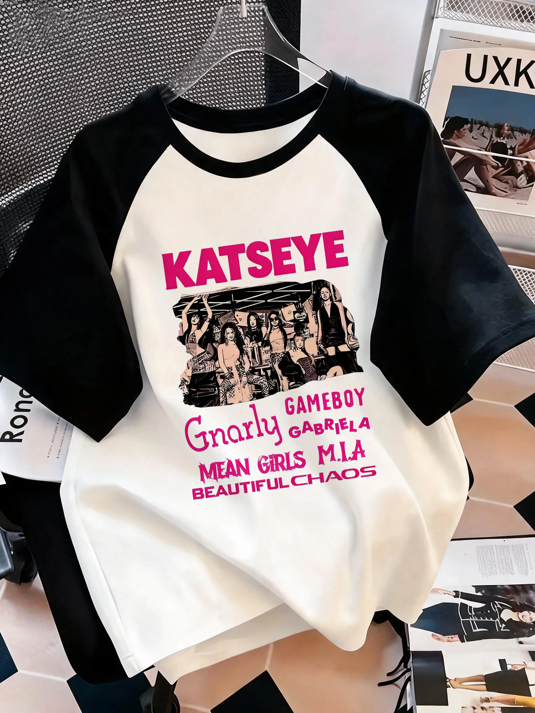 Damen Katseye Print Raglan Kurzarm T-Shirt Gothic Y2k T-Shirt Vintage-Stil Tees Tops Lässige Günstige T-Shirts Kleidung für Frauen