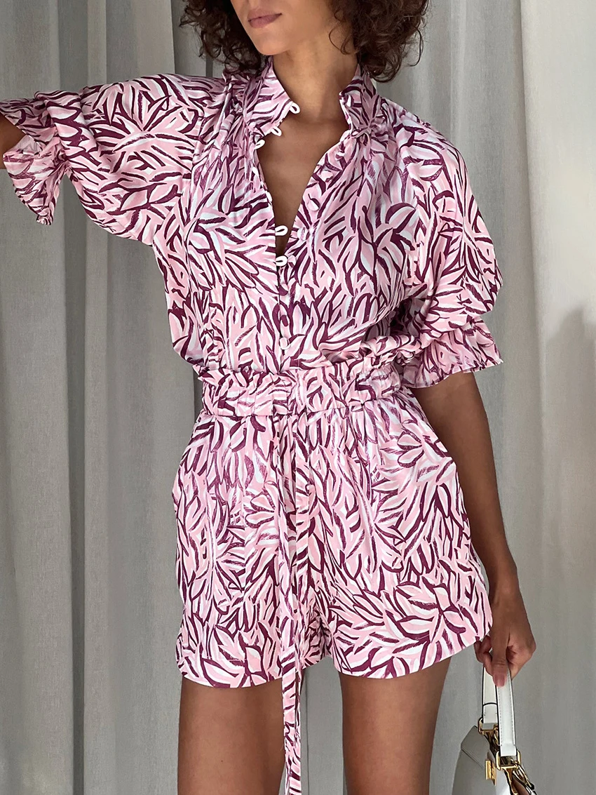 Marthaqiqi Printing Ladies Nightgown Suit Turn-Down Collar Sleepwear Lace Up Half Sleeve Nightie Shorts Casual Female Pajama Set