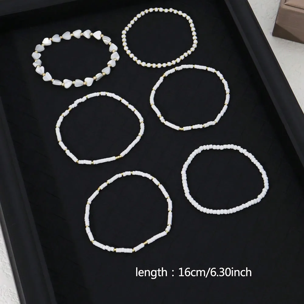 6pcs Bead Bracelet Delicate Bead Heart & Shell Handmade Elastic Multi-Layer Bracelets For Valentine's gift B082