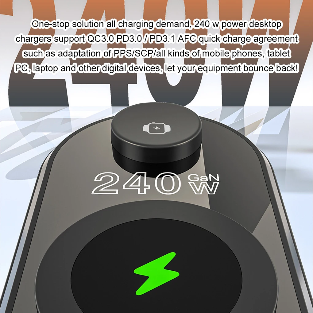 240W Charger Station All-in-one Digital Clock Alarm 4×140W PD3.1 PPS USB Type C Wireless Fast Charger for MacBook iPhone Samsung