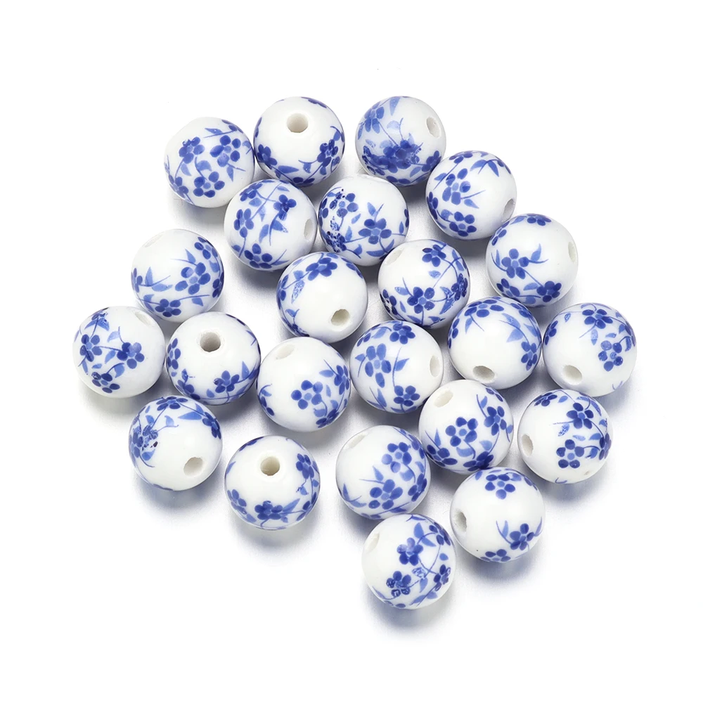 Set of 50 Round Floral Ceramic Porcelain Beads