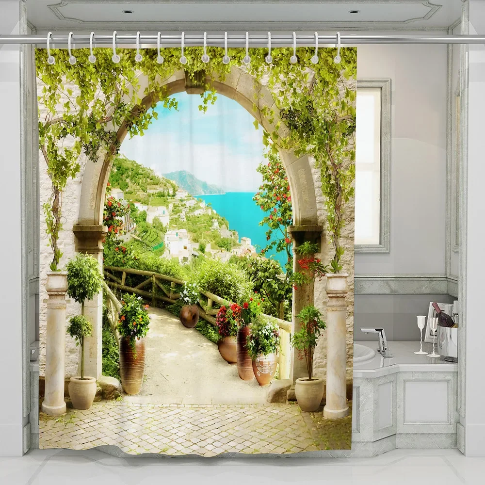 

Тканевые занавески для ванной комнаты, занавески для душа с крючком, аксессуары для ванной из полиэстера, древняя Арка с видом на море и Пирс