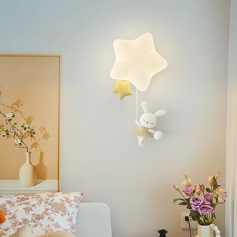 

Romantic Star Wall Lamp For Nursery Bedroom Lighting White Wall Sconce Animal Bear Rabbit Light Children's Bedside Wall Lights