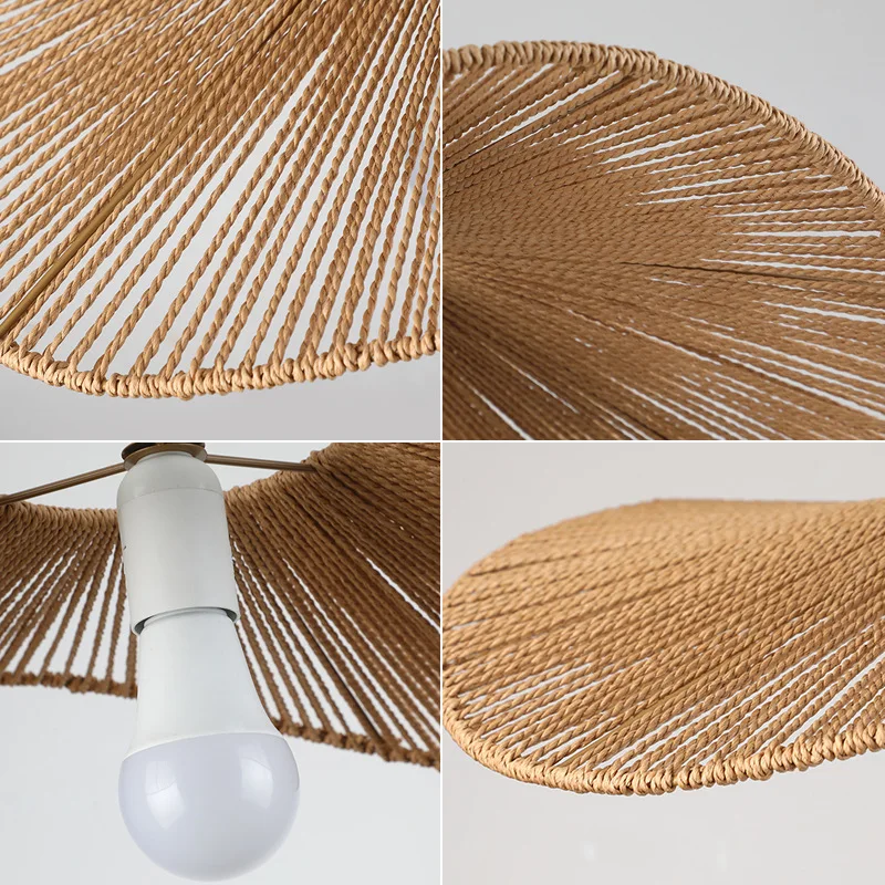 Boho Rattan Pendant Light Fixture Vintage Farmhouse E27 Hand Woven Hemp Rope Hanging Chandelier Retro Wicker Basket Pendant Lamp