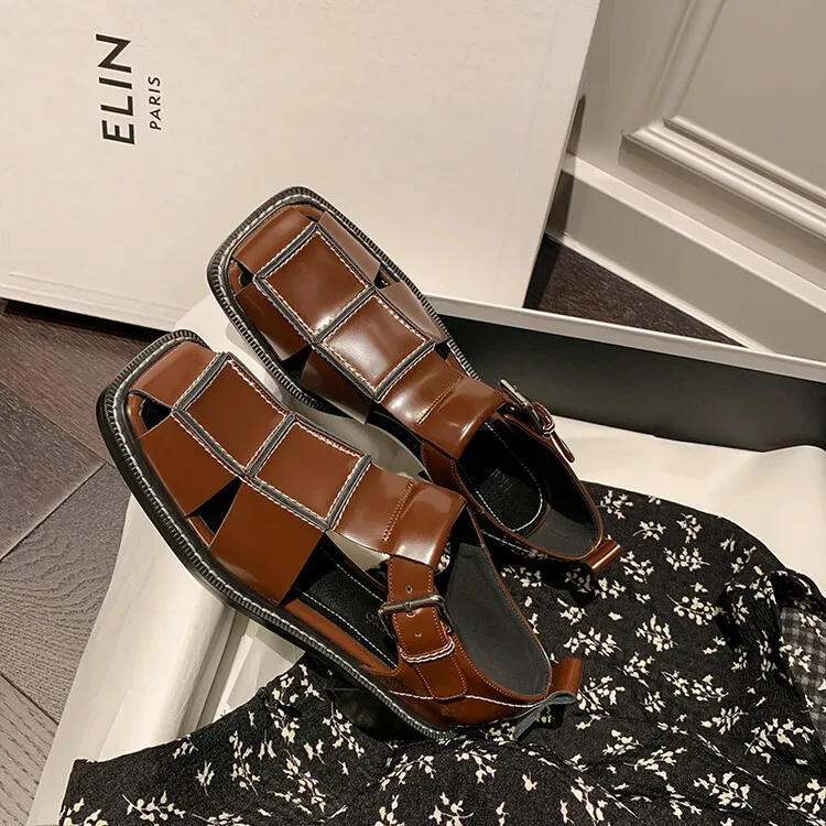 

Brand Design Leather High Heels Retro Square Head Hollow Metal Buckle Roman Style Leather Shoes Casual Versatile Women's Boots