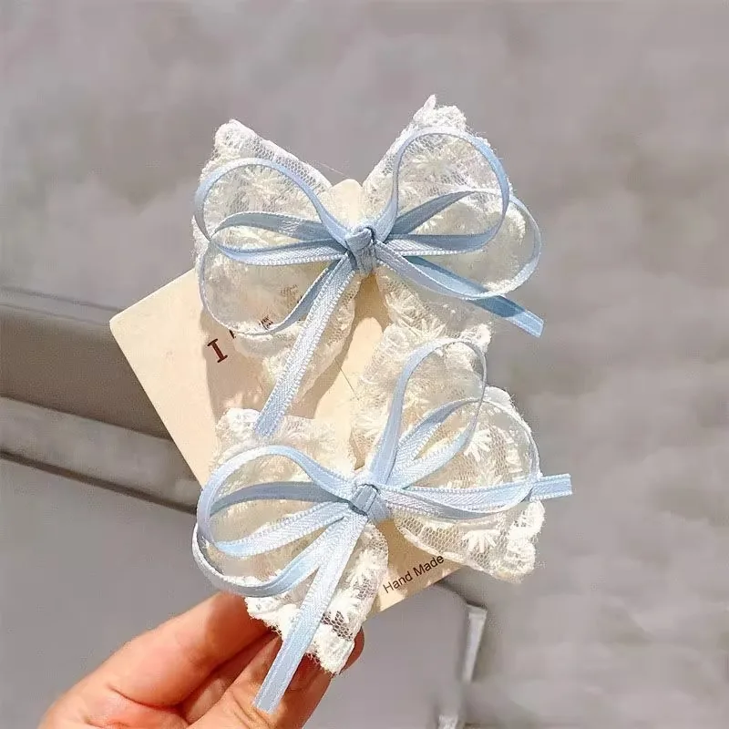 New lace bow hair clips for girls, sweet Korean bowknot handmade hairpins, headwear 2 pieces/set, children's hair accessories.