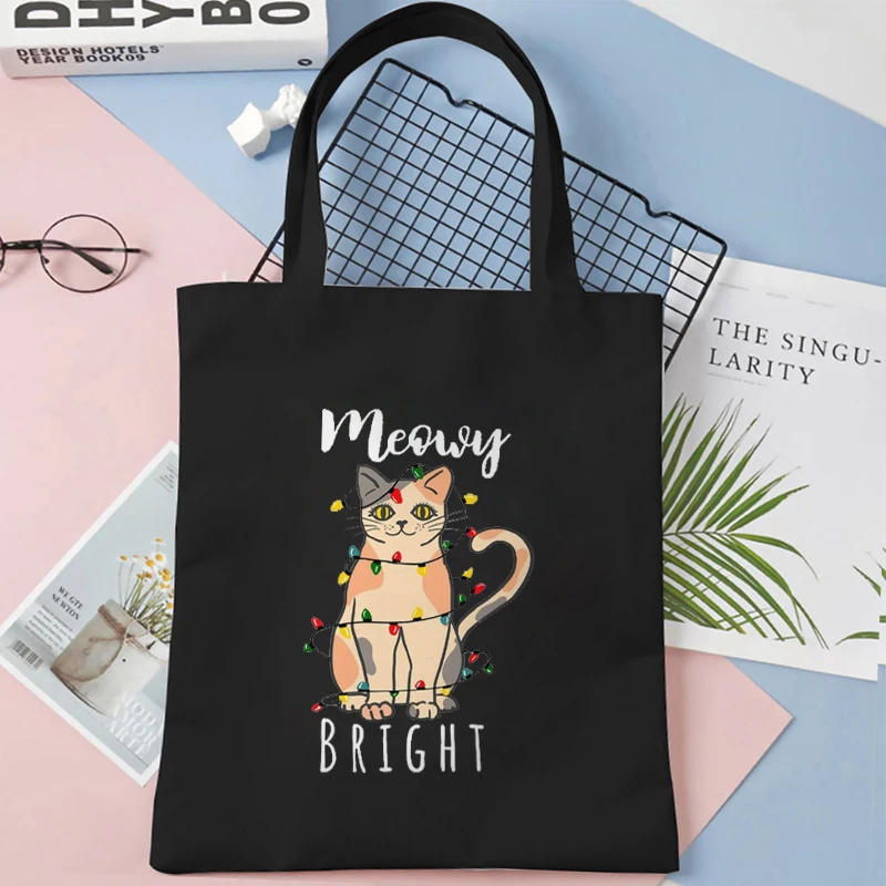 Christmas Lights Cat Canvas Tote Bags Women's Shoulder Bag Merry Christmas Party Shopping Shopper Bag Reusable Handbag
