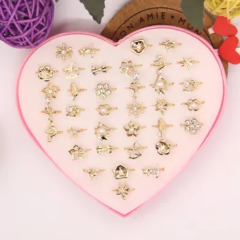 10pcs/Lot Hollow Alloy Finger Rings For Kids Girls Gold Silver Color Rhinestone Pearl Flower Adjustable Rings Child Jewelry Gift 1