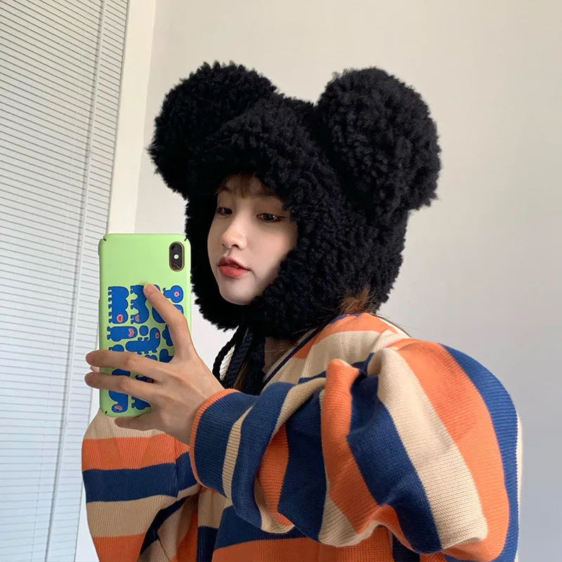 Big-ear Bear Cashmere Bomber Hats Women Fluffy Hat with Ears Autumn Winter Cute Pullover Earmuffs Warm Cap Bandage,winter hat,knitted earflap hat