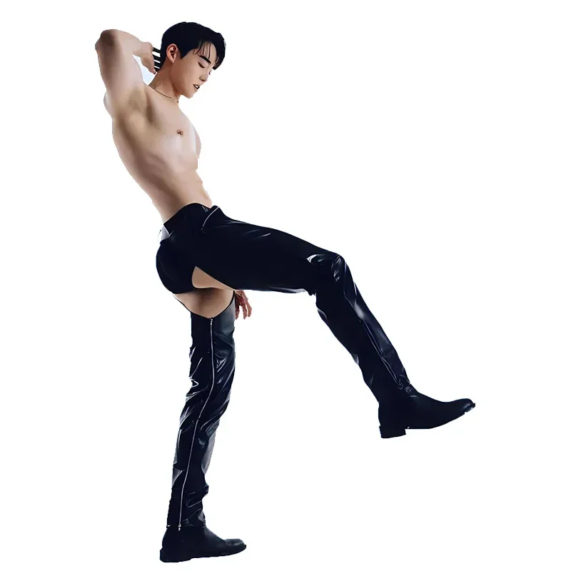 Men Exotic Open Crotch Faux Leather Pants Sexy Low Waist Fetish PU Trousers Gothic Pole Dance Nightclub Costume Clubwear Custom