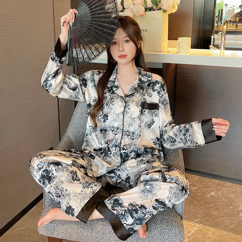 

Autumn new pajamas women's cardigans lapels ice and snow silk satin spring ink painting two-piece loungewear