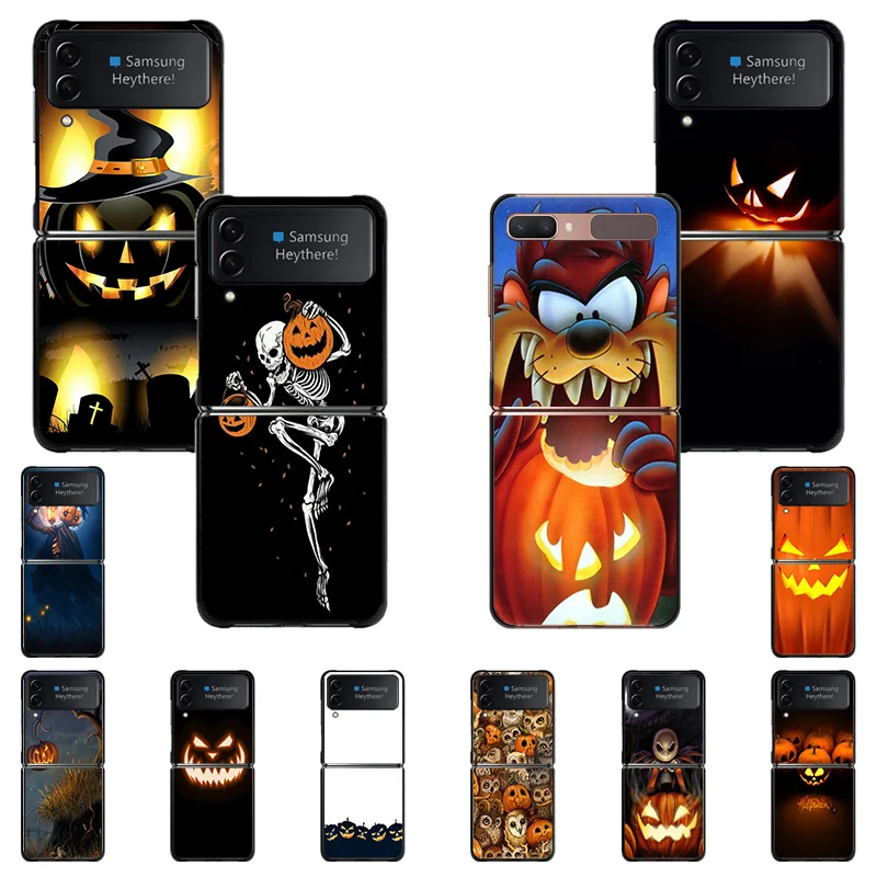 

Hard Black Phone Cases for Samsung Z Flip4 FLIP3 5G Flip Cute Halloween Pumpkin Pattern Galaxy ZFlip4 ZFlip3 Cover