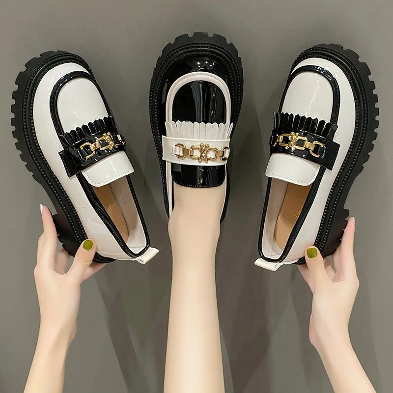 

Fringe Women's Shoes Platform Shallow Mouth Mixed Colors Casual Female Sneakers Low Heels Autumn Metal Chain Oxfords Loafers Wit