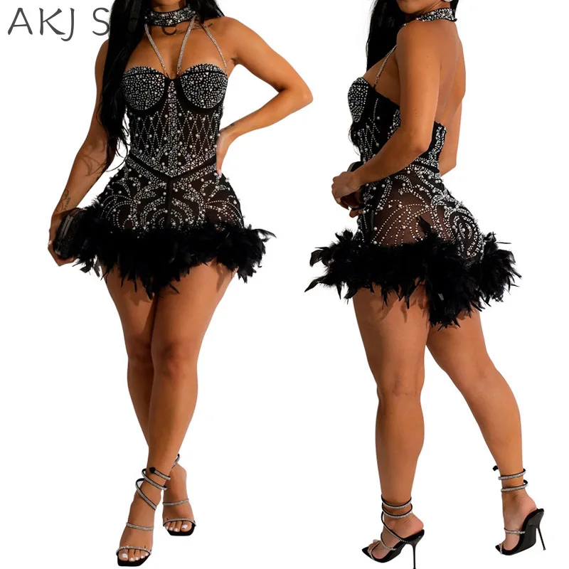 

Women Sexy Rhinestone Feather Decor Halter Romper Backless Sleeveless Skinny Playsuits