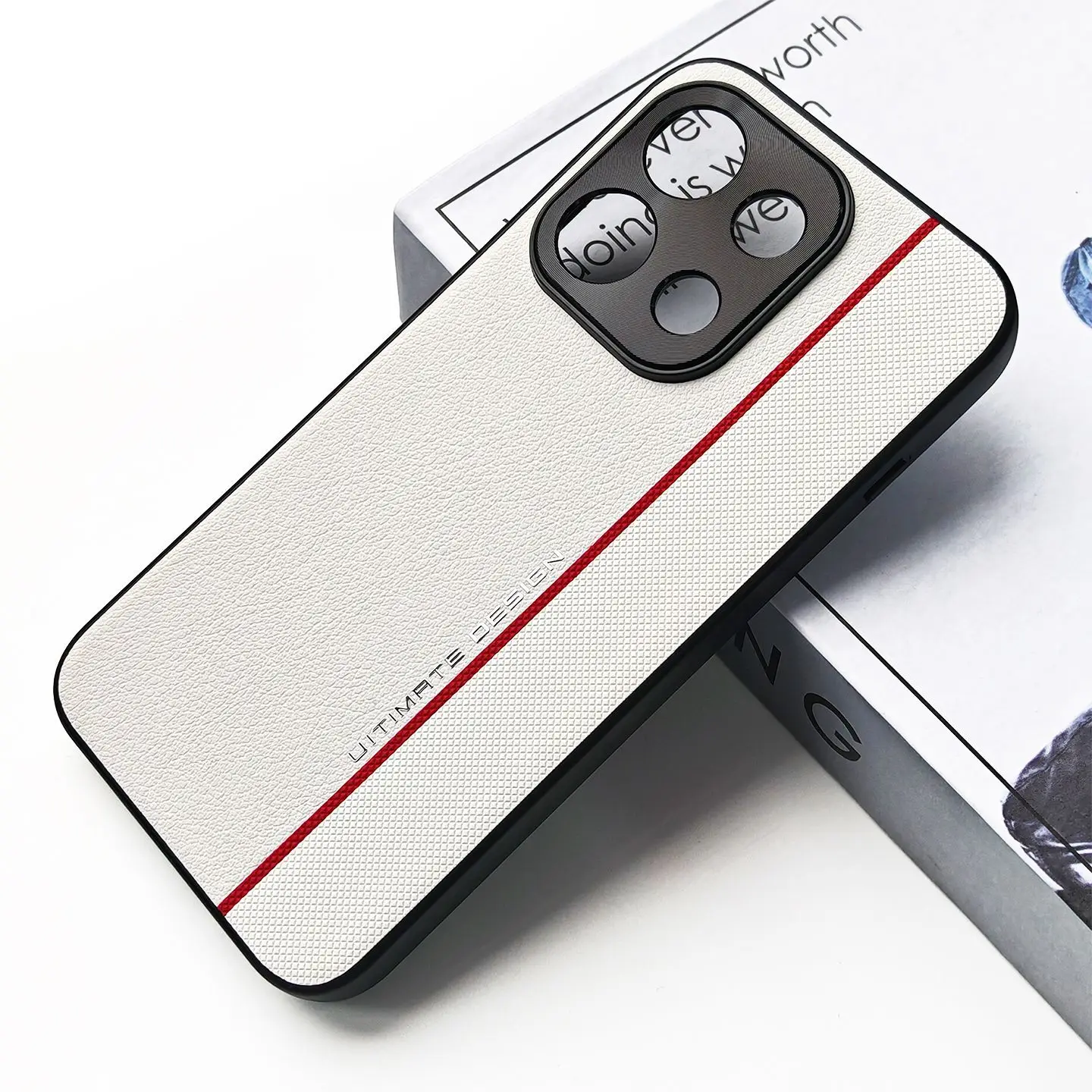 Stylish Red Line Textured PU Leather Phone Case with Metal Camera Protection and Shockproof Design