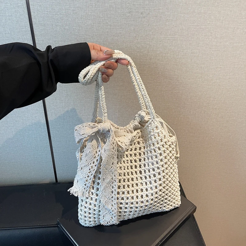 Arrival Hollow Out Lace Bow Shoulder Bags For Women Large Capacity Straw Handbag Totes Vintage Travel Beach Bag Shopping Pack