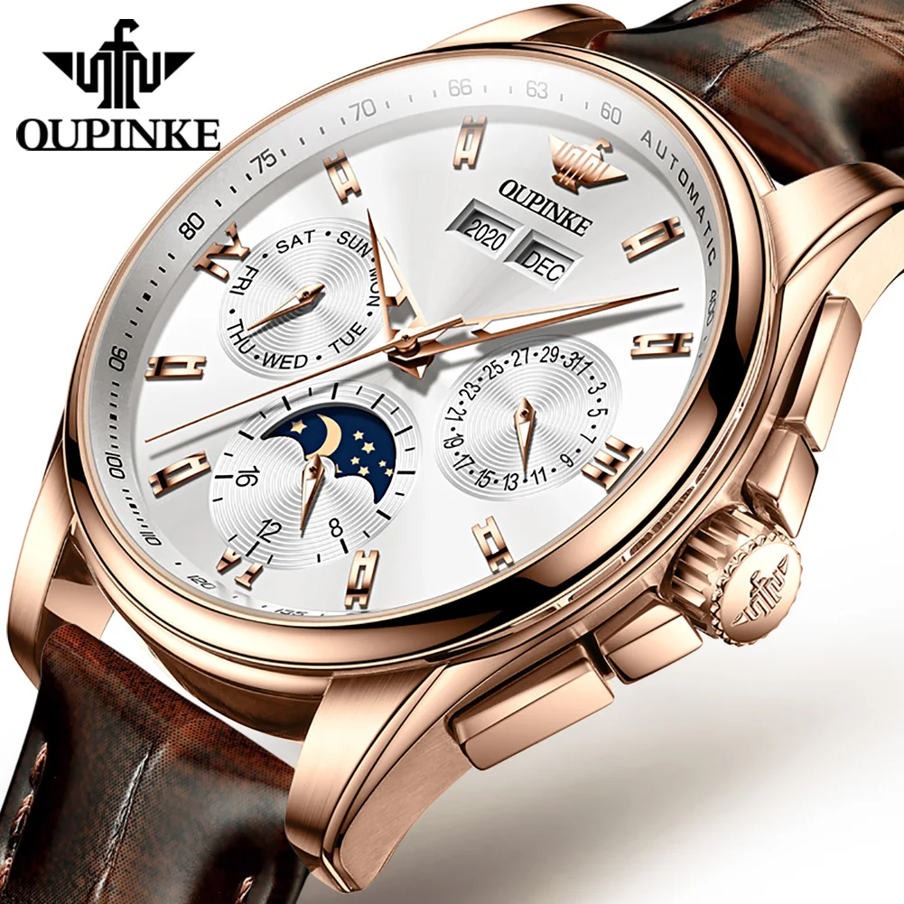 

OUPINKE Luxury Brand Watches Men Automatic Mechanical Luminou Leather Band Waterproof Moon Phase Perpetual Calendar Wristwatches