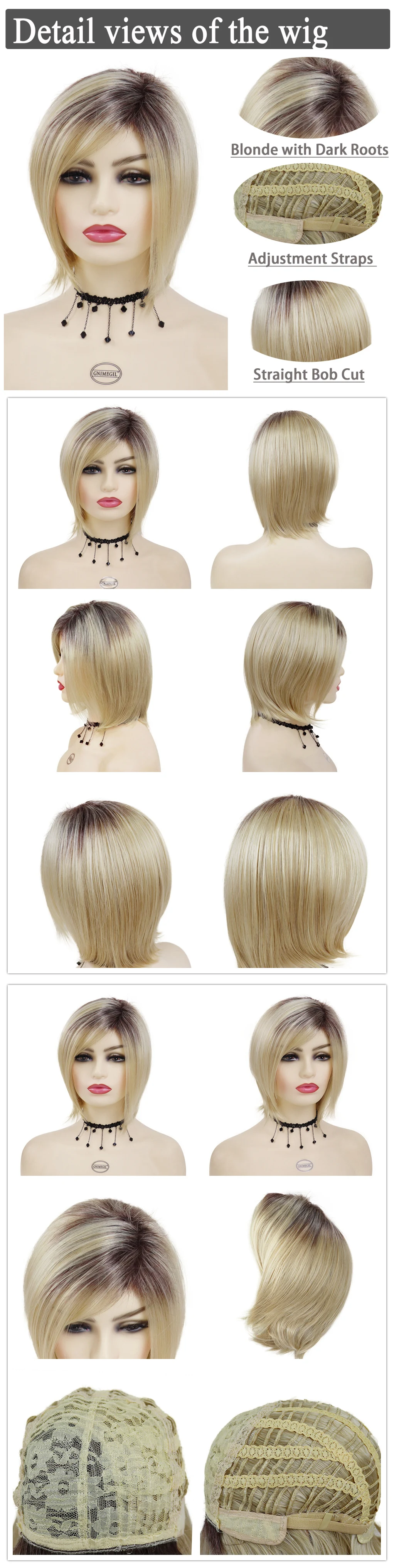 GNIMEGIL Synthetic Blonde Wig Bob Short Women Wigs Straight Hair Wig with Bangs Two Tones Sexy Hairstyle Dark Root Ombre Wigs
