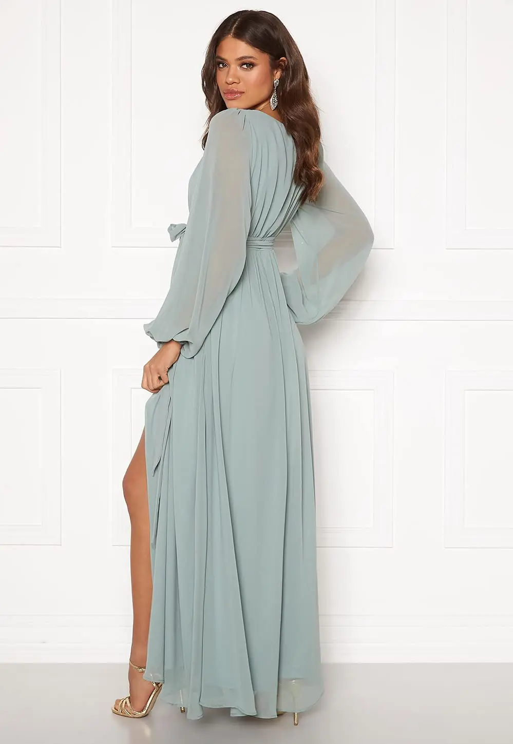 V Neck Evening Dresses  فساتين السهرة Long Chiffon A Line Formal Party Dress Long Sleeve robes de soirée with Slit for Women cheap prom dresses