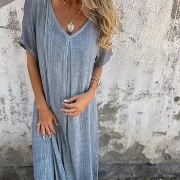 Abito da donna in cotone e lino a maniche corte con scollo a V, gonna lunga sottile da strada per le vacanze casual di grandi dimensioni 1