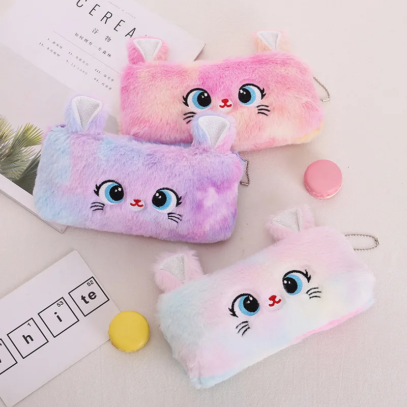 Pink kitten plush pen pouch cute stationery storage creative money bag school bag pendant fashion personality pouch