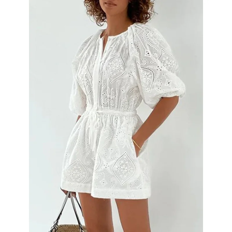 

Fashion Casual White Jacquard Jumpsuit Shorts Women's Summer Tight Waist Cotton Puff Sleeve Jumpsuit Yy18