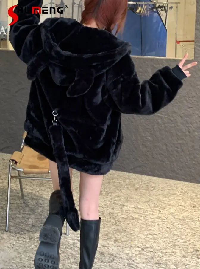 Cute Winter Little Devil Ears Thickened Hooded Plush Coat College Women's Autumn Black with Extra Lining Cotton-Padded Clothes