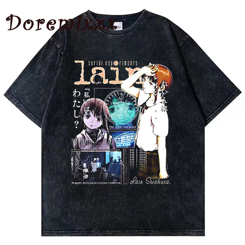 

Винтажная промытая футболка, футболка с серийными экспериментами, уличная одежда в стиле Харадзюку, Хлопковая мужская футболка с мангой, новая футболка, женские топы