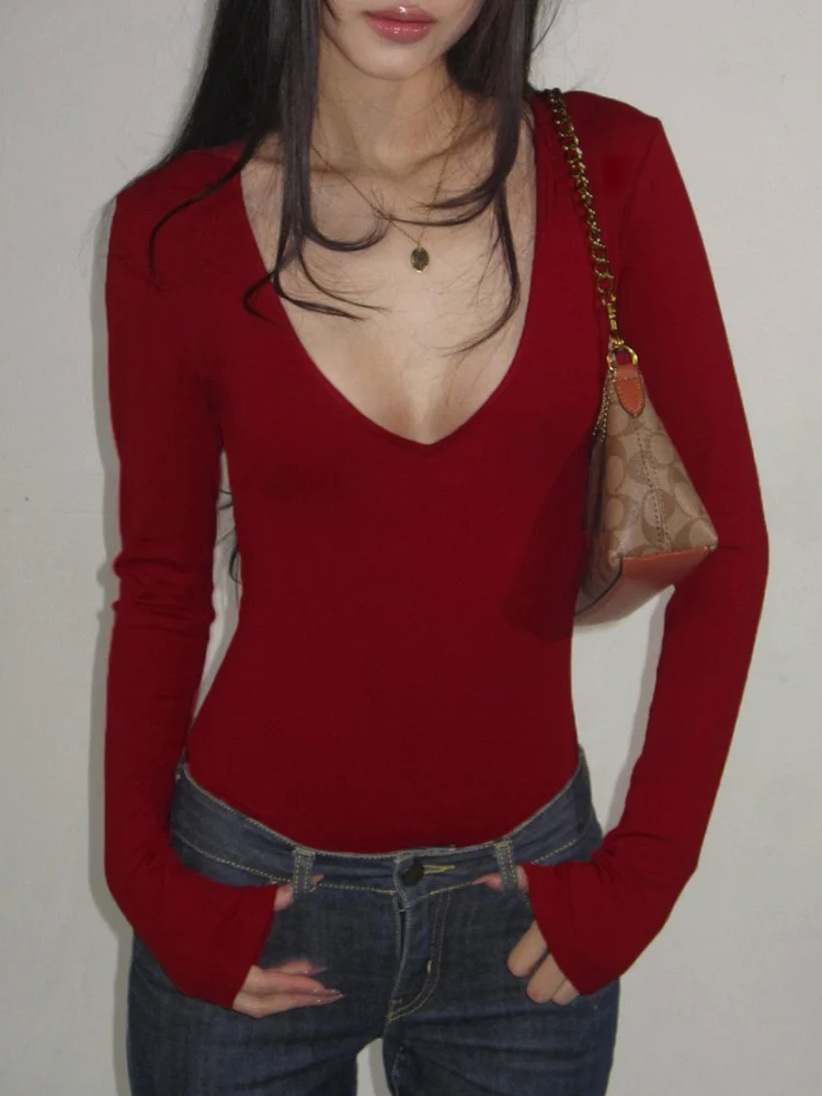 Women Skinny Bodysuit Red Long Sleeve Sexy V Neck Top Solid Color Slim Bodysuit
