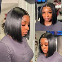 Perruque Bob Lace Frontal Wig naturelle, cheveux courts, lisses, 13x4, 100% cheveux humains, pre-plucked, 12, 14 pouces, 200% 3