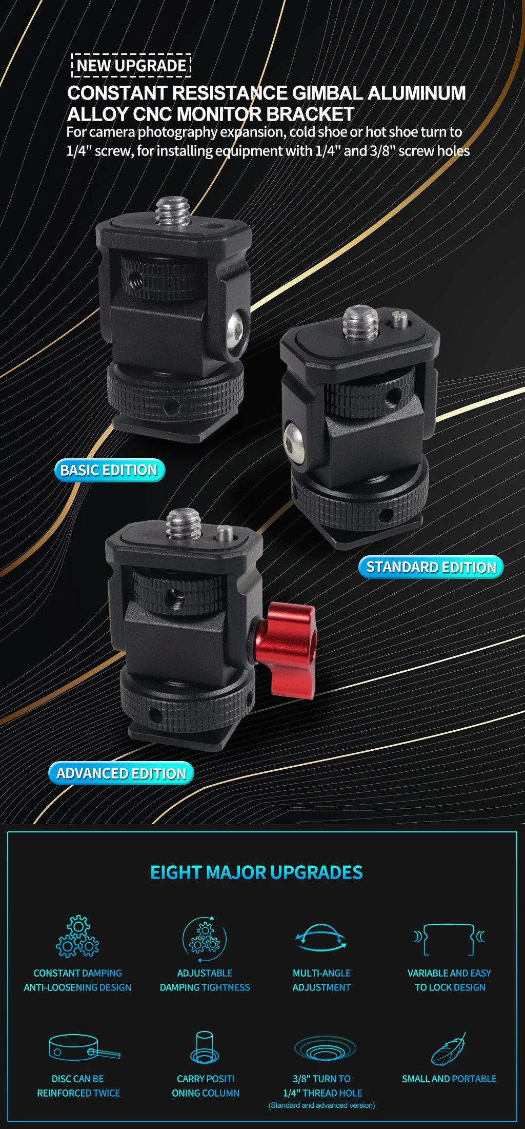 Description Picture 5 of itemMonitor Stand Holder EVF Mount Swivel Tilt Cold Shoe 1/4" Screw ARRI Locating Pin 3/8 Hole Mic Flash Light Stand for Gopro 13 12