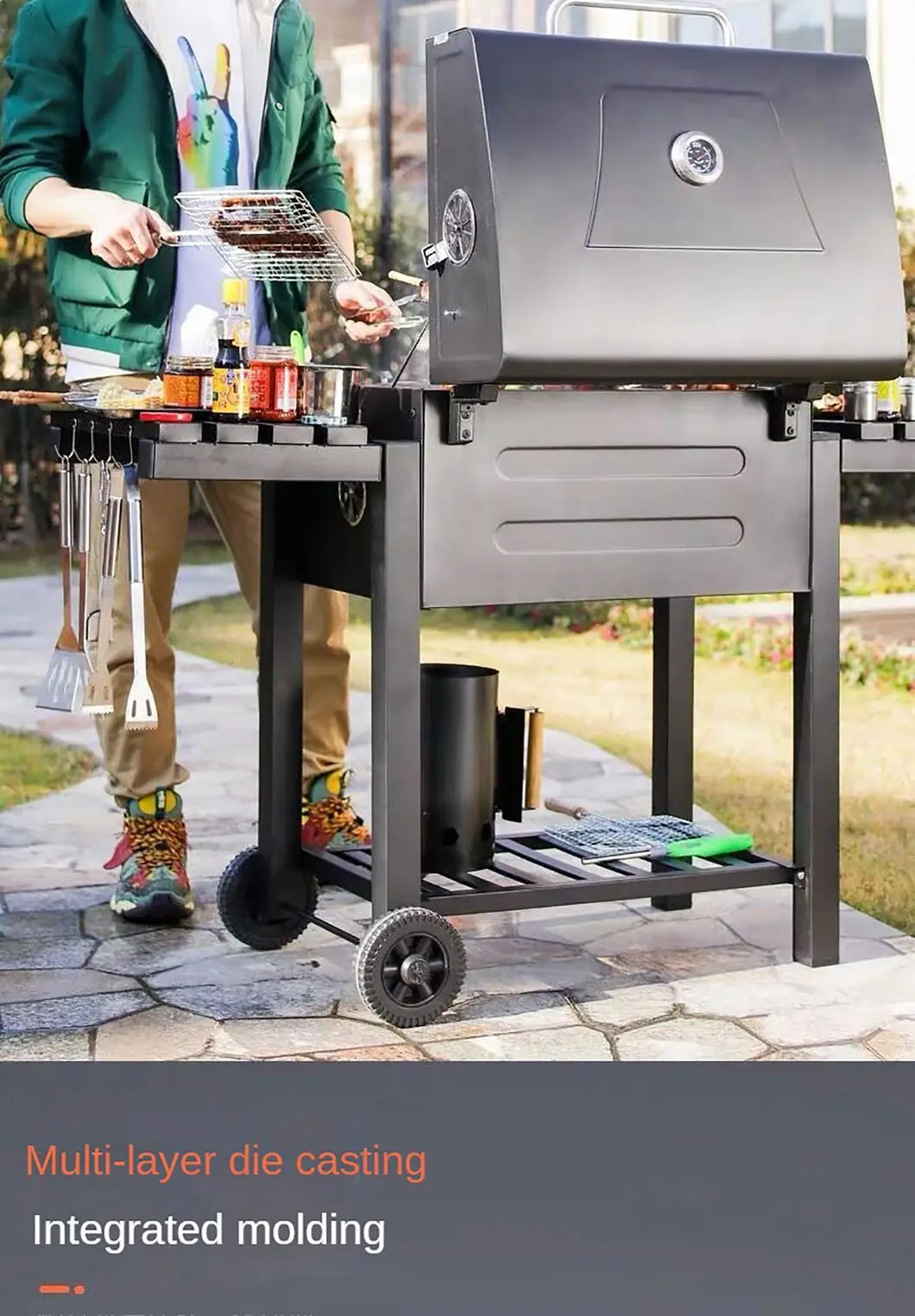 New Oil Drum Barrel Outdoor Charcoal Barbeque BBQ Grills Backyard Party Barbecue Smoker with Rotisserie Roast Chicken Rack