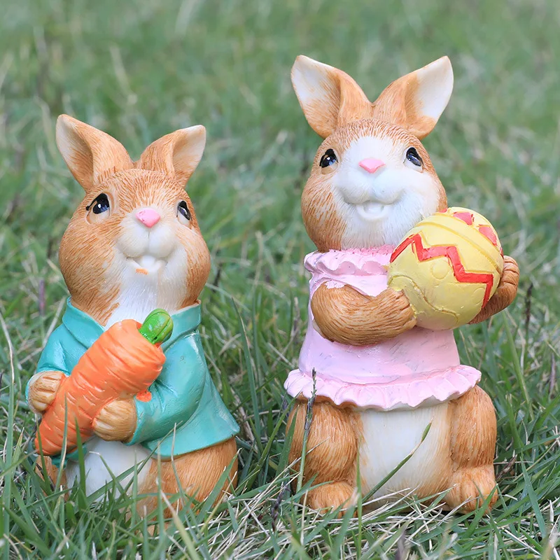 2pcs Easter Bunny Resin Crafts Rabbit Doll Decor Desktop Decoration Rabbit Hug Carrot Figurine Easter Party Decoration Gift