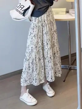 تنانير صيفية عالية الخصر بطول الكاحل لعام 2025 بخصر مطاطي عتيق مطبوع عليها طيات تنورة فضفاضة على شكل حرف A مع بطانة Y2k ملابس الشارع 4