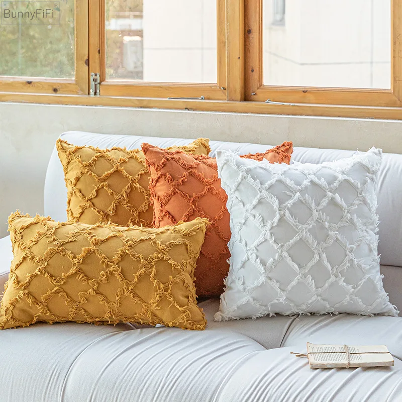 

Cotton Diamond Cushion Cover Mustard White Orange Beige Chic Pillow Cover 30x50cm 45x45cm Living Room Sofa Bed Home Decoration