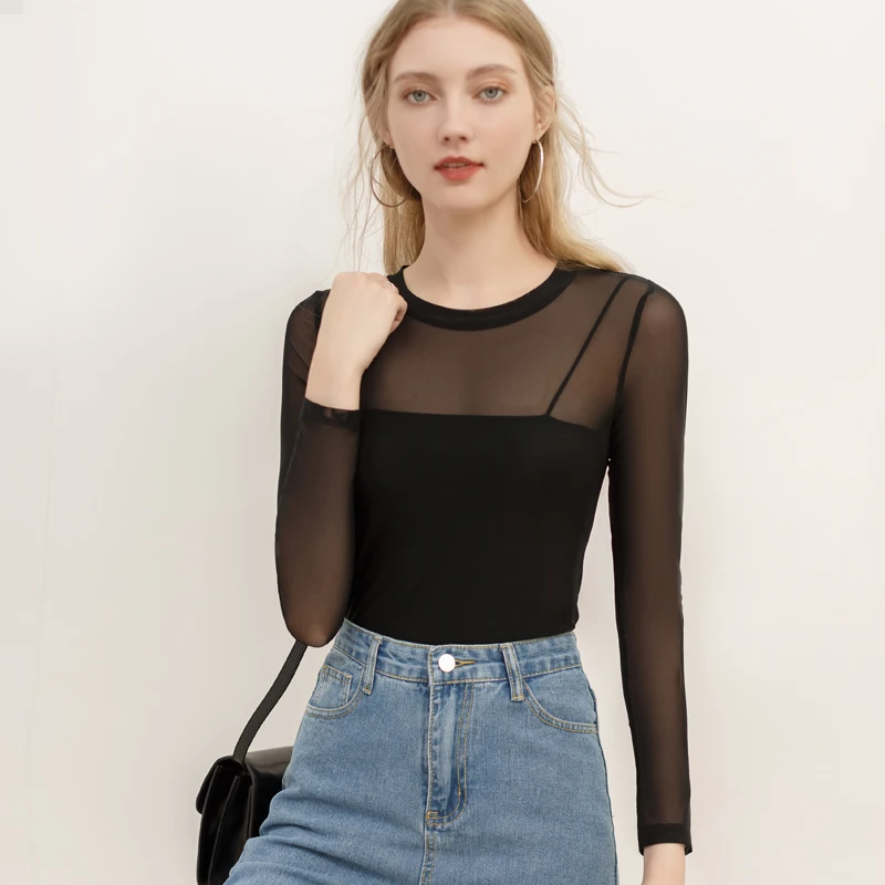 

TFETTERS Sexy Women Clothe 2023 Autumn Mesh Perspective Underlay T Shirt Long Sleeve Slim Fit Solid Color Hot T Shirts for Women