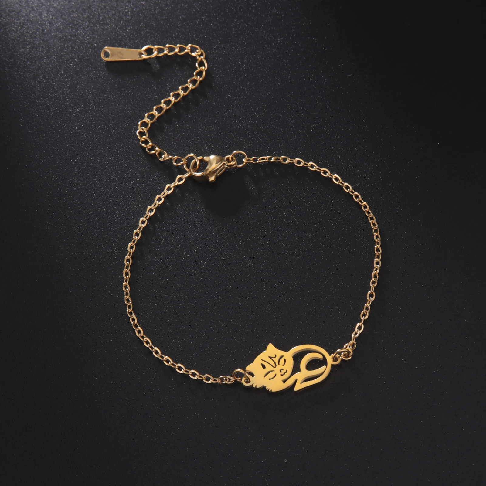 Cute Lying Cat Charm Bracelet for Women Stainless Steel Animal Kitten Wax Rope Hand Bracelet Jewelry - PeticaDeals