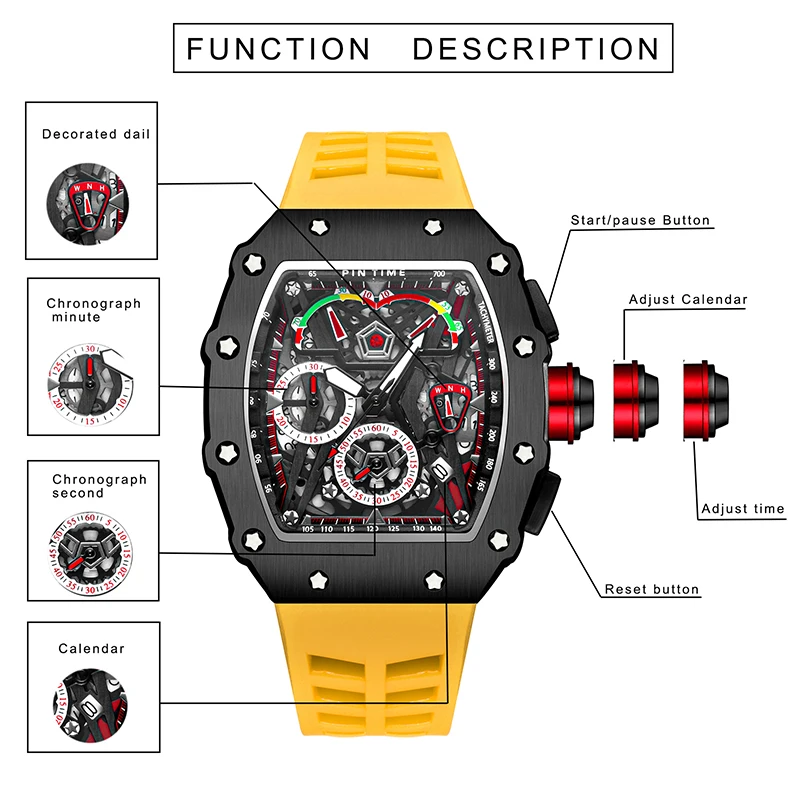 PINTIME Big Dial Sport Watch Men Chronograph Quartz Military Mens Watches Top Brand Clock Hip Hop Reloj Relogio Montre Homme