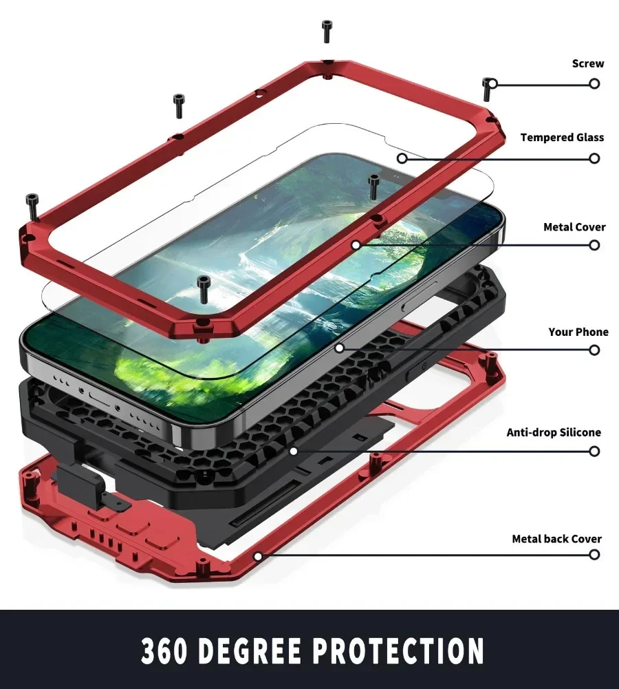 Heavy Duty Armor Hybrid Silicone Metal Case For iPhone 15 14 Plus 13 Pro Max Mini Shockproof Hard Cover Screen Protector Bracket